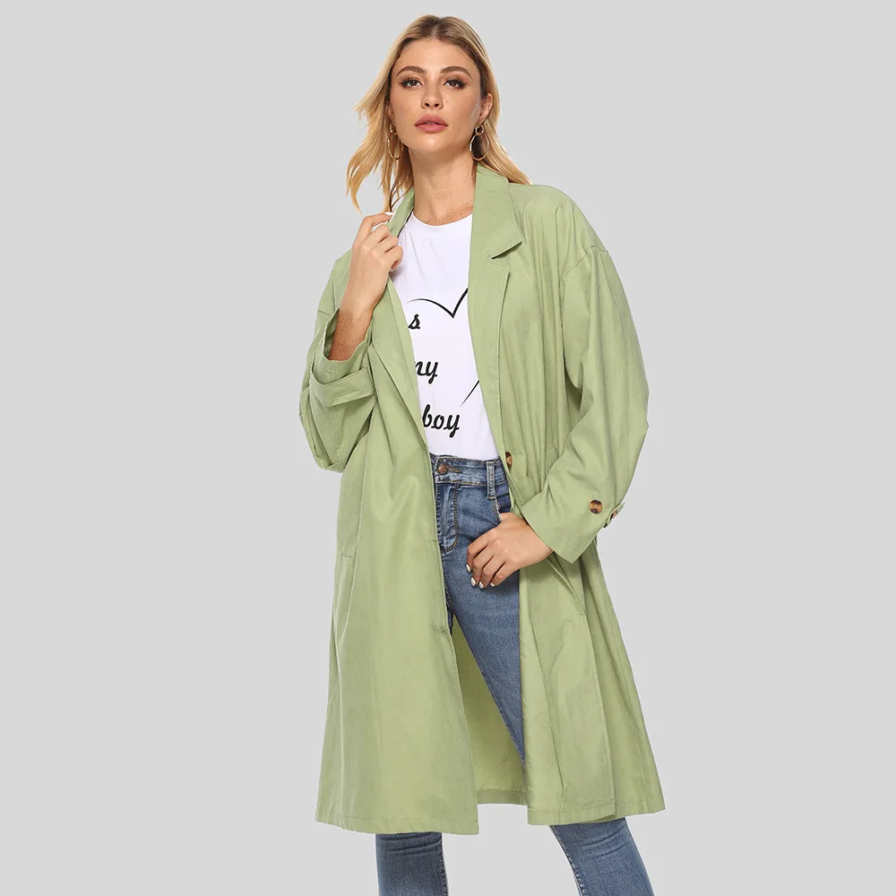 

Тренчкот женский однотонный на пуговицах, модная ветровка с длинным рукавом, воротник-костюм, простой плащ средней длины цвета хаки с карма...