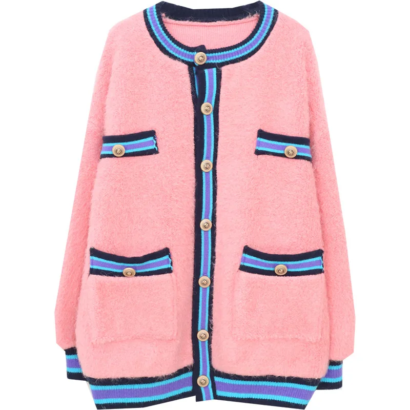 

2020 Autumn Winter Women New Loose Single Breasted Versatile Long Sleeve Panelled Top Knitted Cardigan Sweater D170