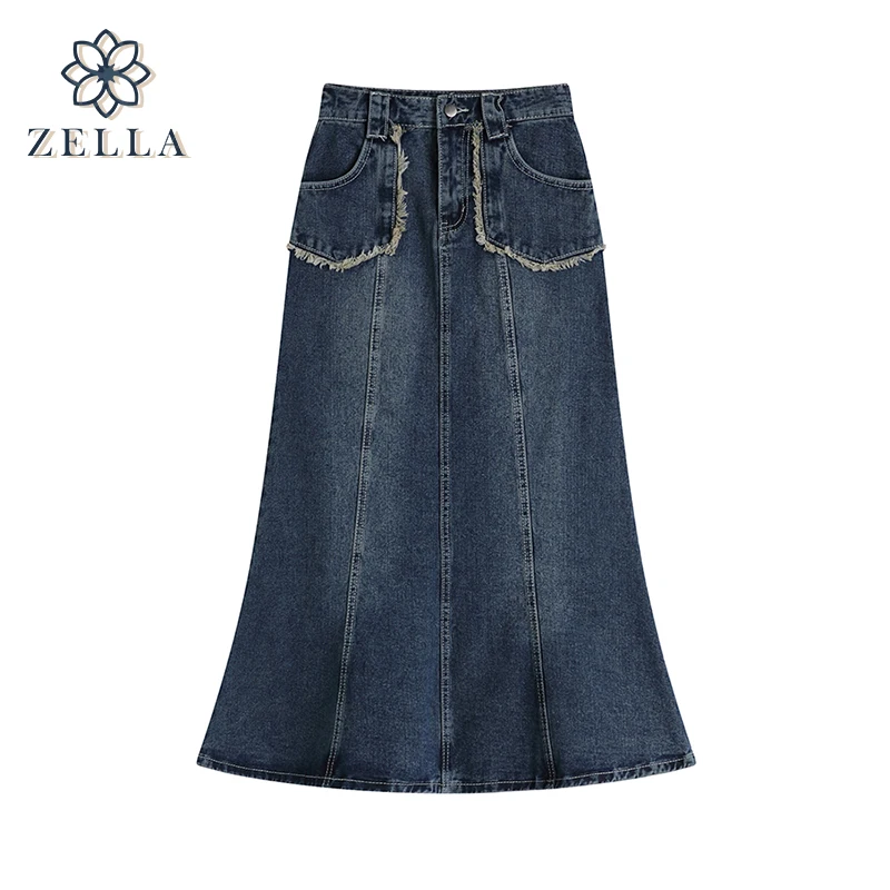 

2022 Fashion Women's Long Denim Skirts Korean Vintage Mermaid High Waist Solid Color Slim Tight Fishtail Office Lady Jeans Skirt