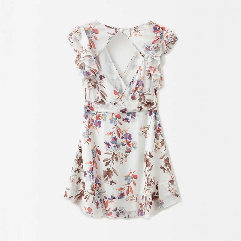 

Summer Sweet Chiffon Dress Women Ruffles Lace Up Floral Print Slim Dress Elegant Short Party Vestido