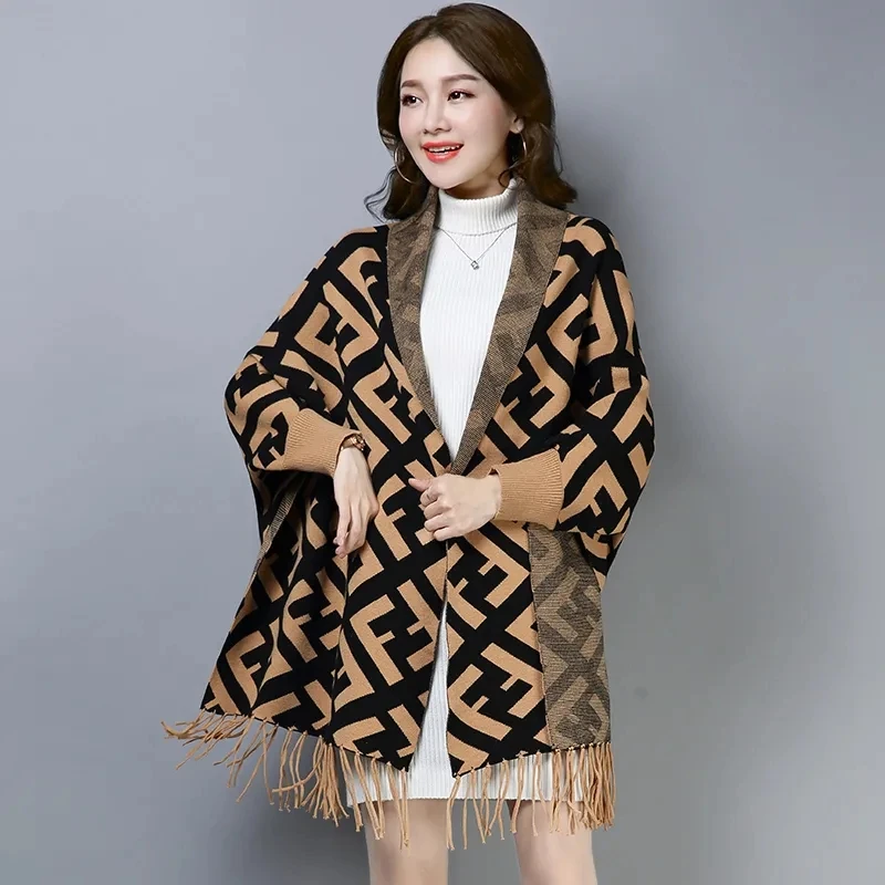 

2021 Spring And Autumn New Fringed Shawl Jacket Women's Plaid Loose Sweater Korean Knitted Cardigan Top