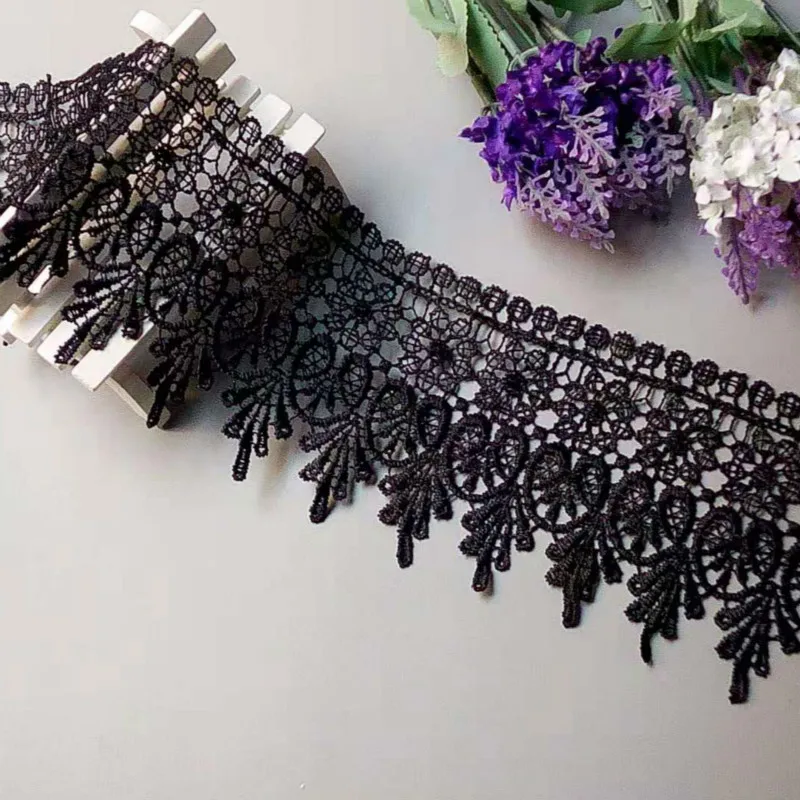 2 ярда черные цветы вышитая кружевная бейка лента для Аппликации Ткань шитье