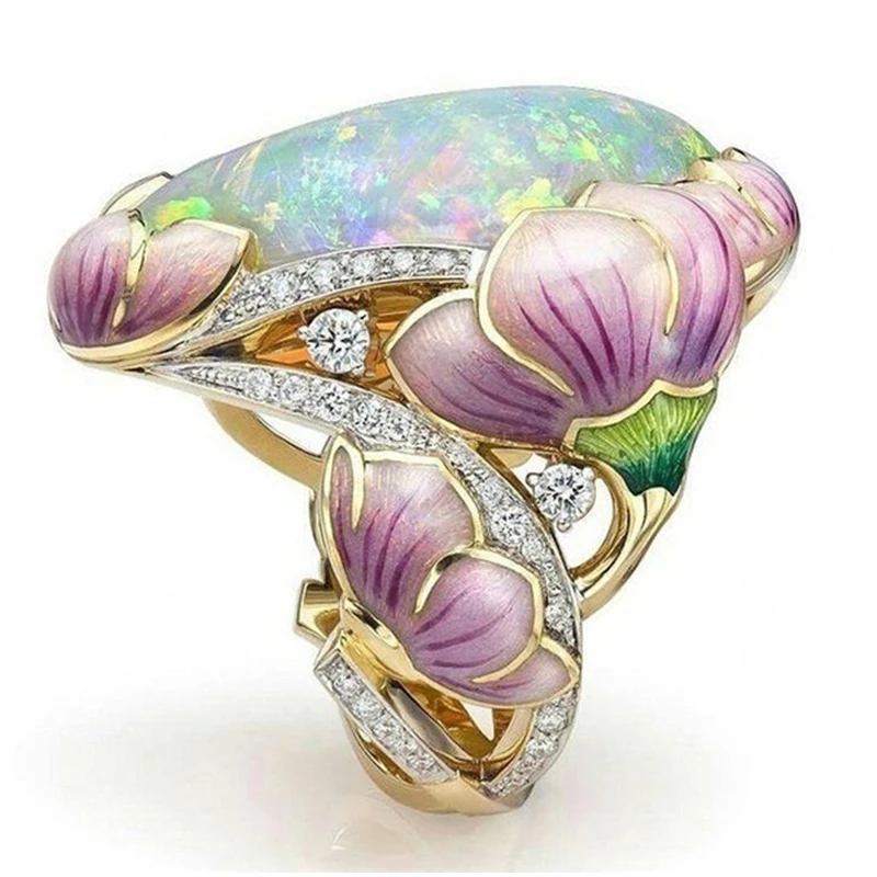 

Fashion Romantic Chic Flower Artificial White Fire Opal Zircon Ring For Women Wedding Charm Band Birthday Gifts Elegant Jewelry
