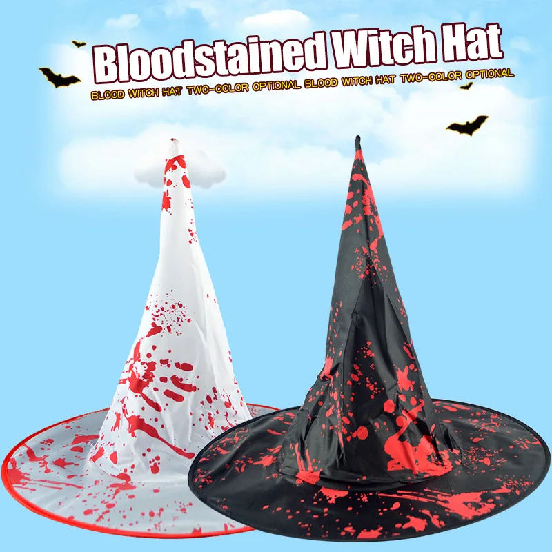 

Halloween Black White Witch Hat With Blood Accessories For Prom Featival Birthday Decoration Masquerade Cosplay Party New 2021