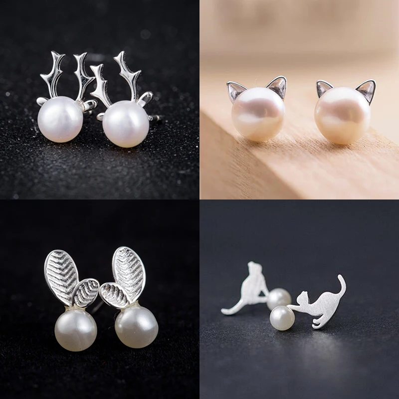 Silver Plated Piercing Pearl Cat Deer Animals Feather Stud Earrings for Women Kids Wedding Party Fashion Jewelry Accessories