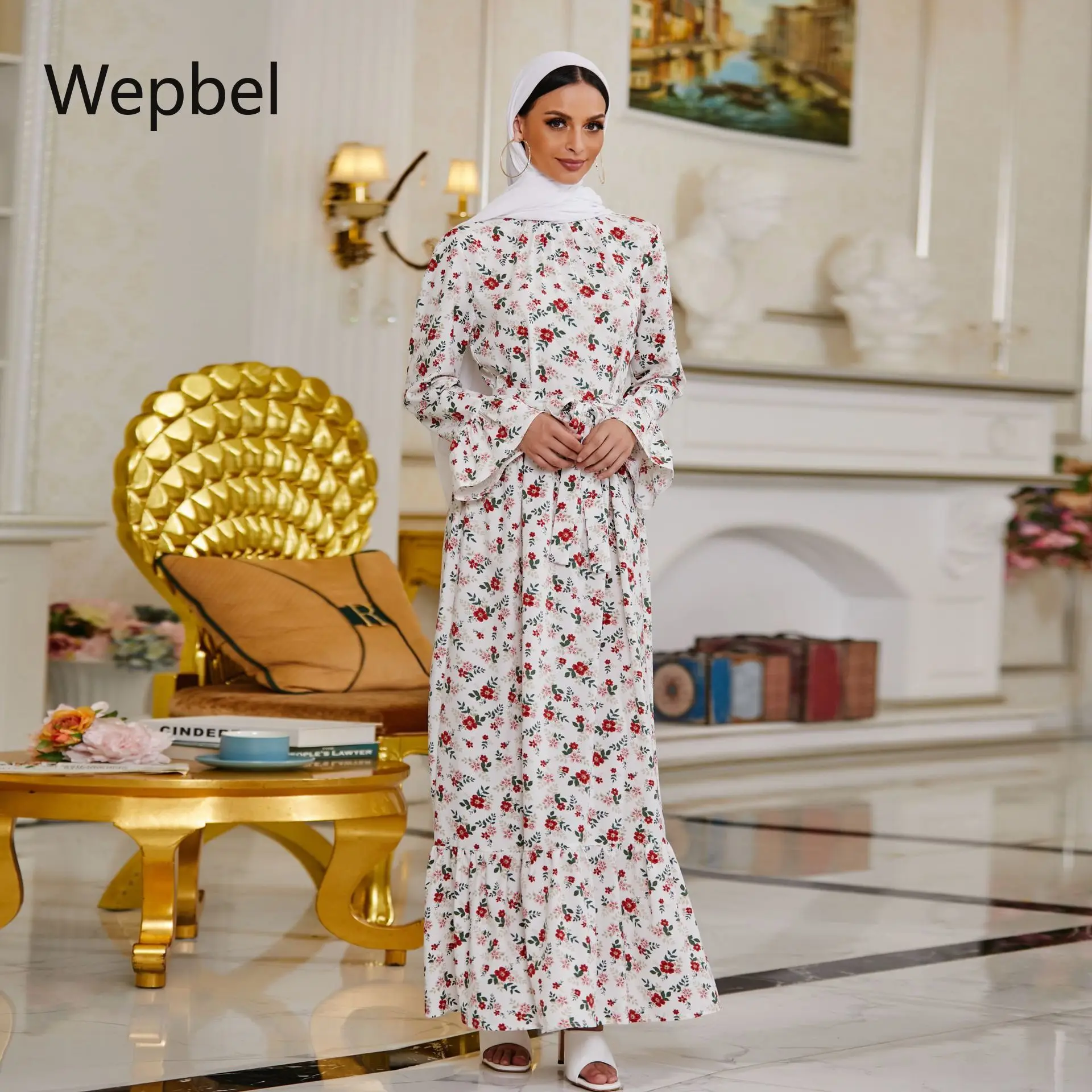 

Wepbel Дубай Abaya Исламская одежда женское мусульманское платье с длинным рукавом облегающее платье с расклешенным рукавом платье до щиколотки...