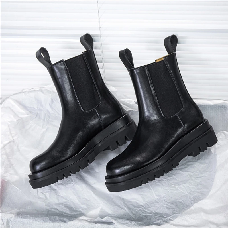 

Женские ботинки челси из натуральной кожи, Зимние ботильоны на массивной платформе, короткие ботинки без застежек, на массивном каблуке