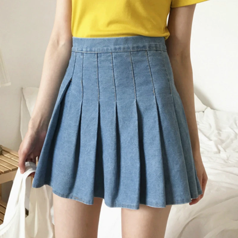 

Musuos Women Solid Pleated Short Mini Skirts High Waist Sweet Fashion Casual Denim Skirt For Ladies Girls Summer Fall Bottoms
