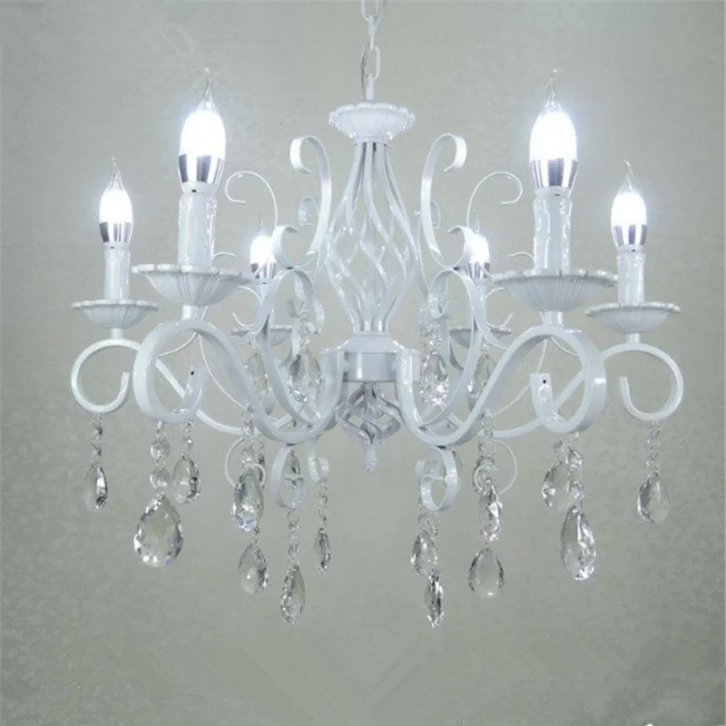 Vintage Wrought Iron Crystal Chandelier E14 Candle Lights Lighting Fixture Retro White Metal Ceiling Lamp MING | Освещение