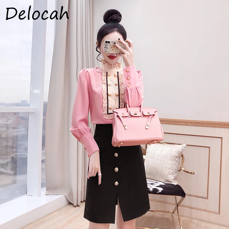 

Delocah Новинка 2021, летний женский модный подиумный комплект юбок с рукавами-фонариками и оборками, двубортные Топы + черные юбки с высокой тали...