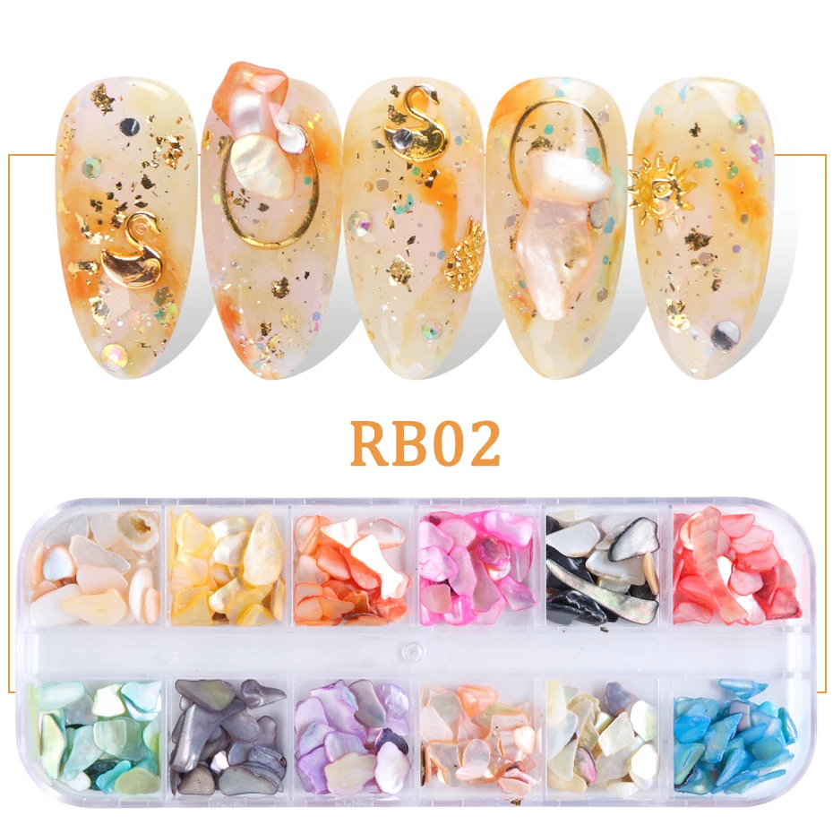 RB02 12 сеток градиентные украшения для ногтей смешанные раковины Abalone блестки срез камня талисманы для дизайна ногтей хлопья аксессуары советы CHRB01-04 - Цвет: RB02
