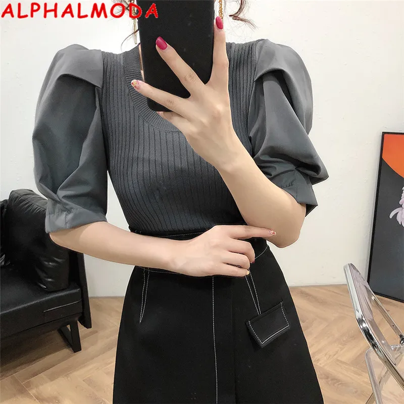 

ALPHALMODA Fall Autumn Puff Sleeve Round Neck Pullover Knitting Shirt Women's 2020 New Puff Sleeve Patchwork Sweet Sweater Top