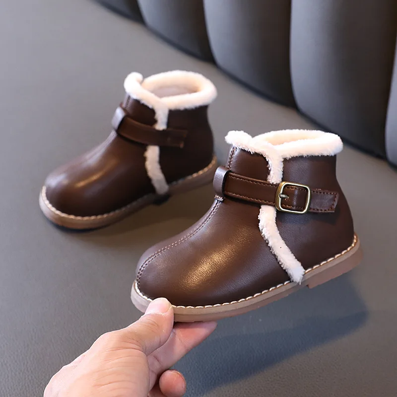 

Plus Velvet Girls Winter Boots Keep Warm Boots 1-6Y Baby Cotton Shoes British Style Child PU Leather Boot Cute Short Boot