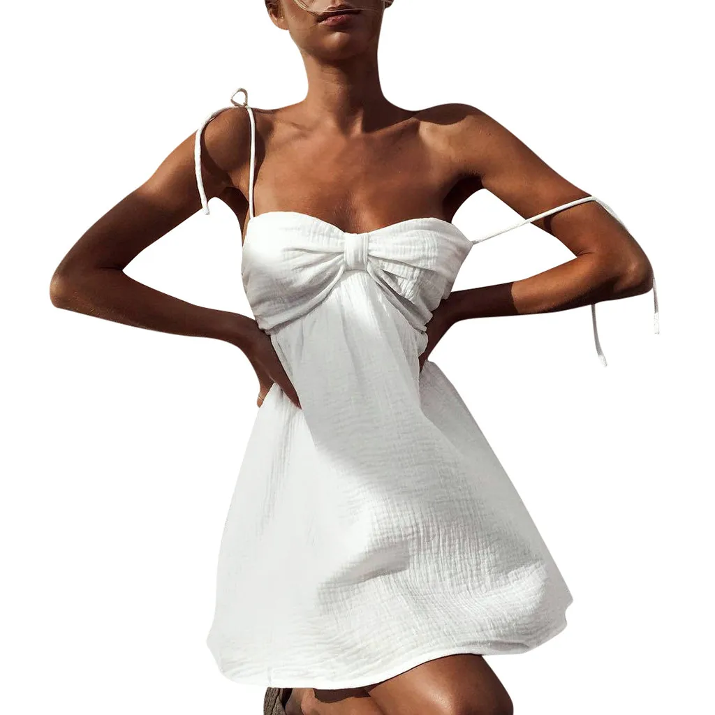 Женское шифоновое платье мини без рукавов с открытой спиной и бантом на