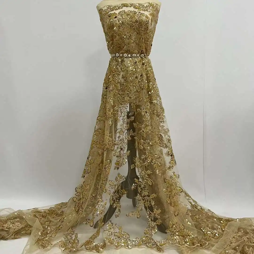 

High quality French Lace Fabric Embroidered Sequins Design Lace Fabric wedding Dress Formal Dress Lace Fabric JYW-437