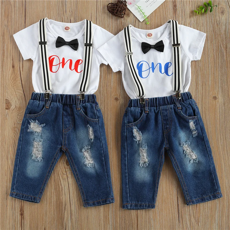 

2pcs Newborn 0-18Month Infant Clothing Set,Baby Boys Girls Summer Casual O-Neck Bow Lettering Romper Denim Shoulder Strap Pants