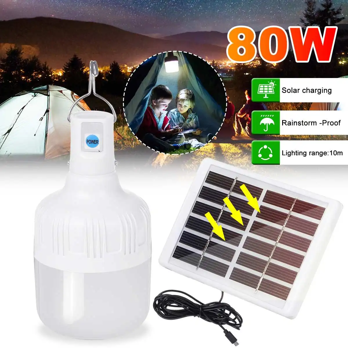 

80W солнечный светодиодный светильник USB chargeing дистанционный Управление 10 м 3-Шестерни регулировки Солнечная лампа Водонепроницаемый аварий...
