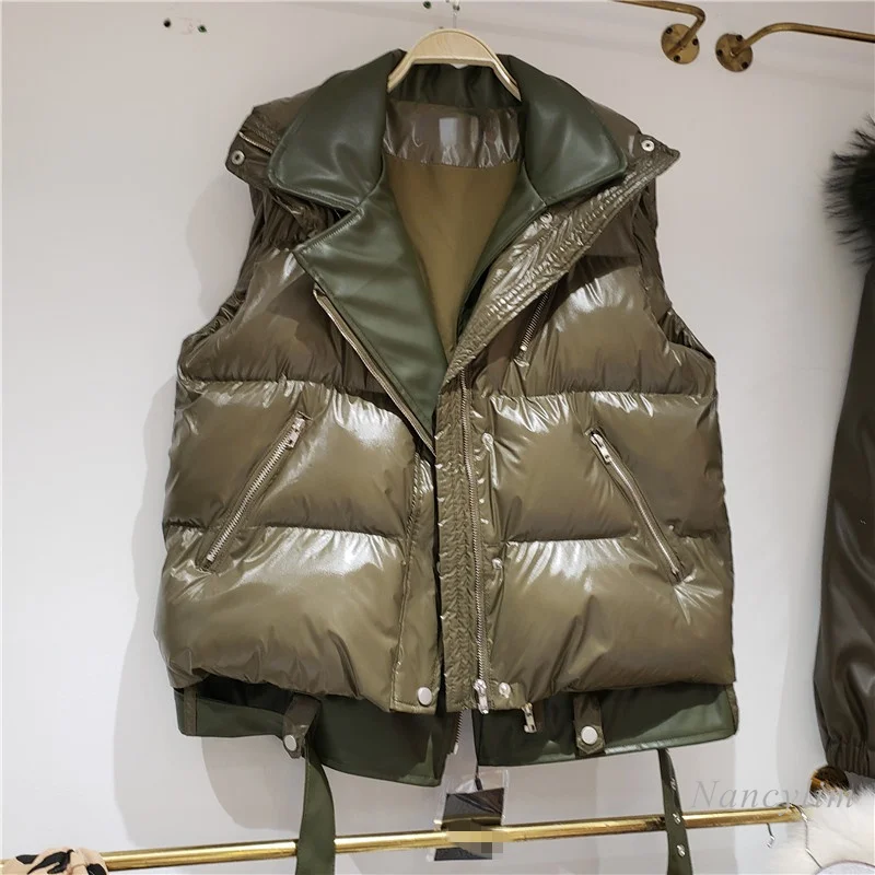

Warm Vest Women 2021 Autumn and Winter New Korean Style False Two-Piece Cotton Waistcoat Fashion PU Leather Patch Coats