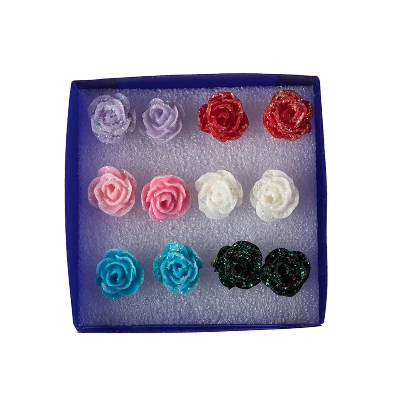 

New Fashion Colorful Rose Chrysanthemum Flower Plastic Stud Earrings Set For Women Party Club Earrings Jewelry 6/8pair