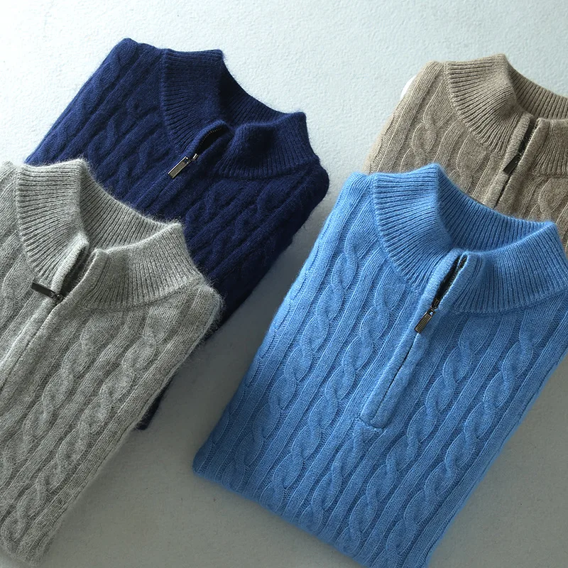 

Зимний новый кашемировый свитер, мужской шерстяной свитер на молнии с высоким воротником, утепленный пуловер, вязаный свитер с длинными рукавами