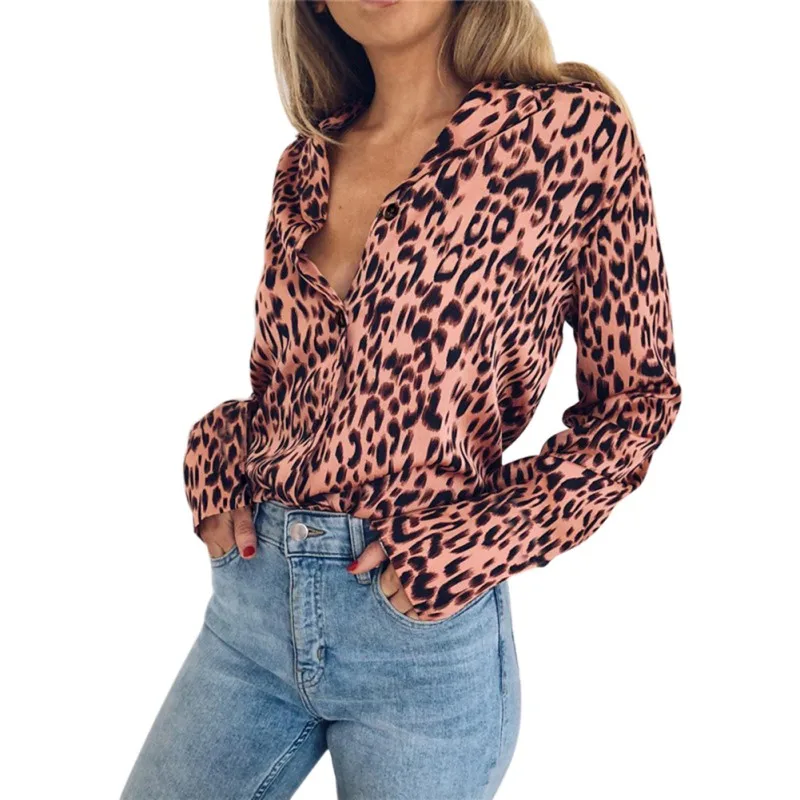Женские блузки сексуальная леопардовая блузка рубашка с длинным рукавом и v