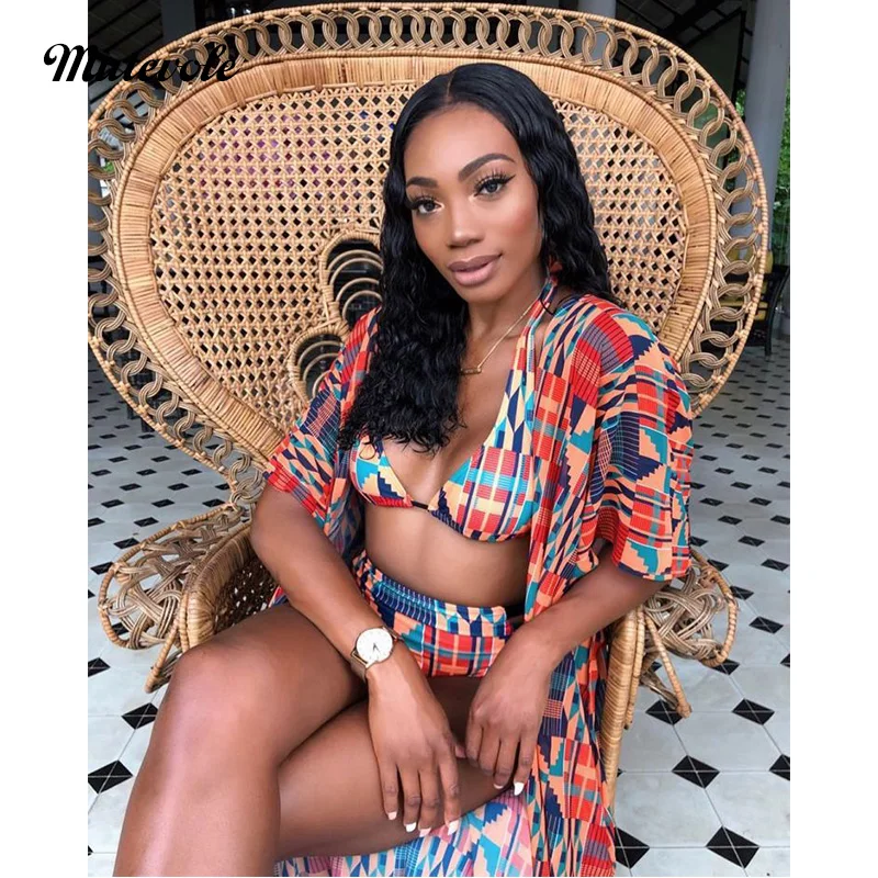 Mutevole Women Summer Beach Print 3 Piece Bikini Set Short Sleeve Swim Wear Cover Up Sexy Bathing Suits Three Piece Swimsuit Set