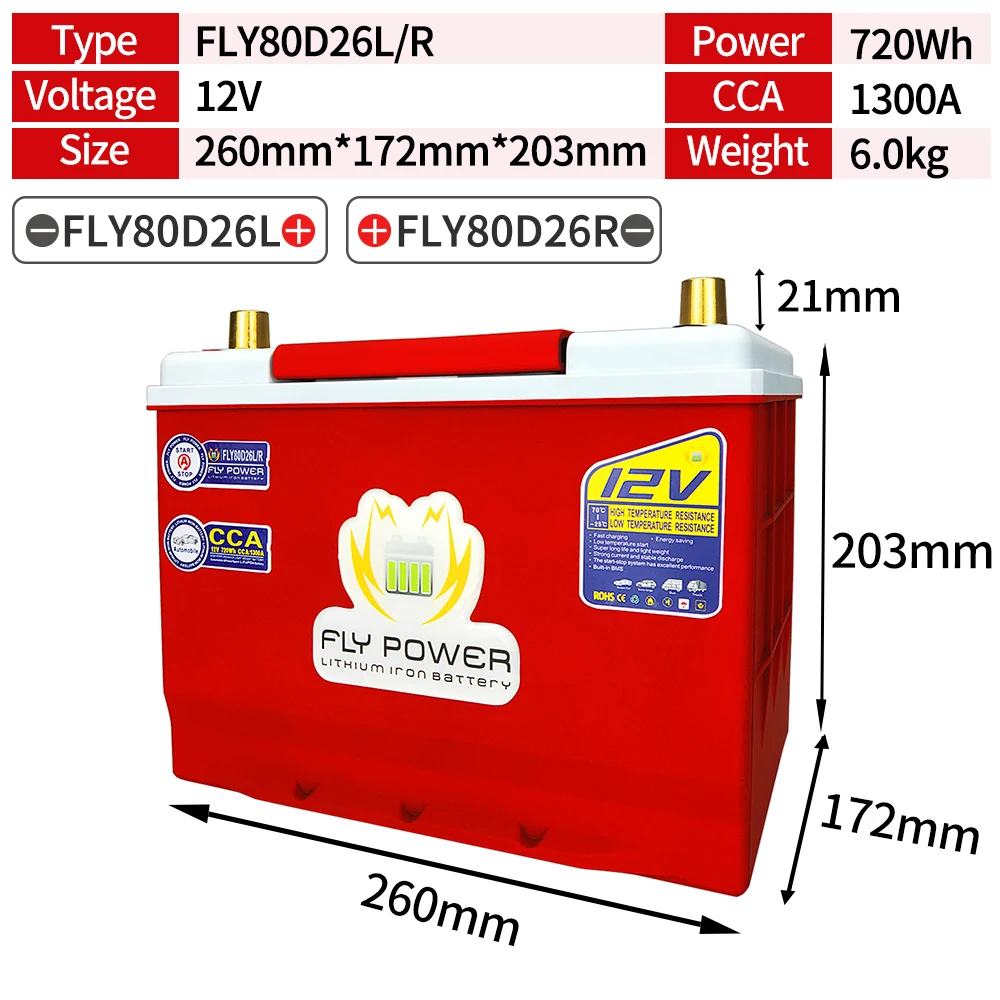 

FLY80D26L/R LiFePO4 Car Starting Battery With Voltage Display 12V 720WH CCA1300A Car Start Lithium iron Battery With Smart BMS