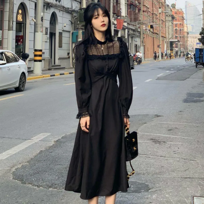 

Gothic Black Dress Women 2021 Spring Casual Lace Long Sleeve One Piece Dress Korean Evening Party Elegant Midi Dress Female
