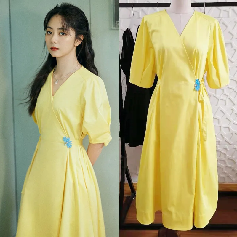 

New Lady Style Dress V-neck Bubble Sleeve Solid Knee Length Skirt