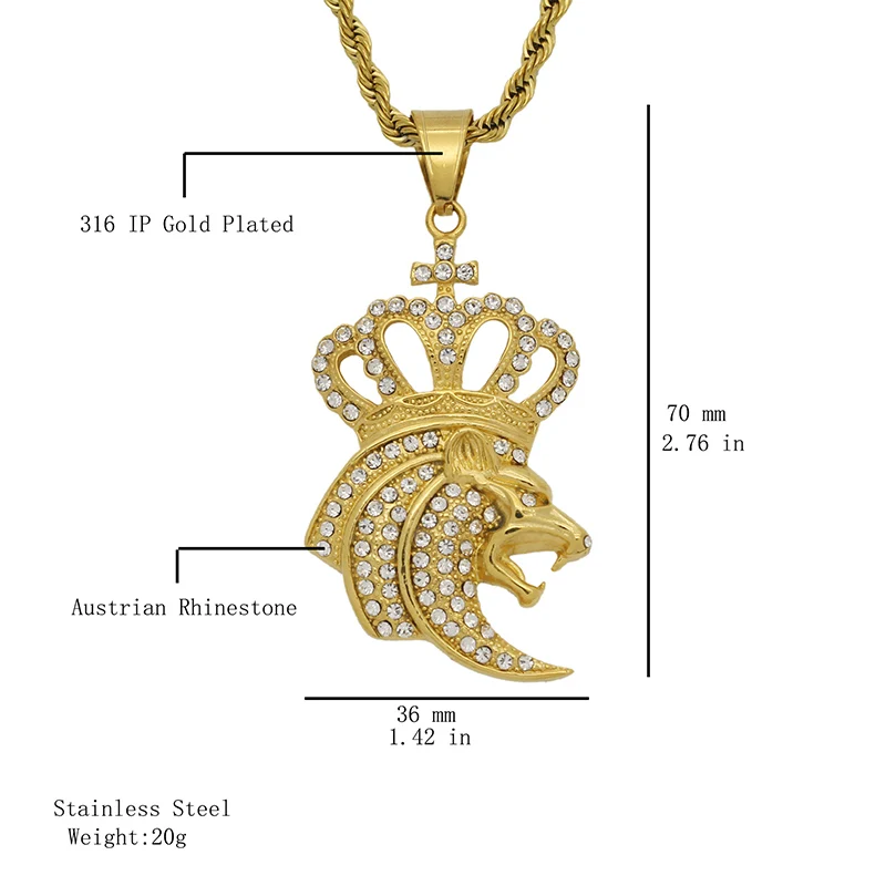 Цепочка с подвеской в виде короны и льва из нержавеющей стали