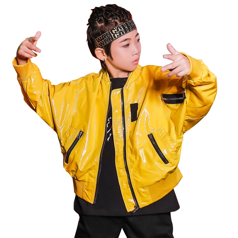 

Modern Street Dance Costumes Children Fashion Yellow Leather Jacket Hip Hop Clothing Kids Jazz Stage Performance Wear DN6459