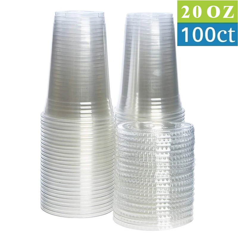 100 Pack (20 oz)  BPA Free Clear Plastic Cups with Flat Slotted Lids for Cold Drinks Coffee Tea Smoothie Bubble Boba, Disposable