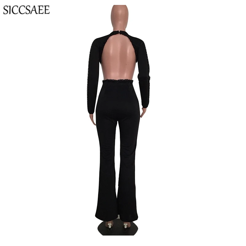 

Open Back Black Elegant Jumpsuits For Women 2019 Autumn Winter Lace Ruched Ruffles Beaded Sexy Macacao Feminino Wide Leg Pants