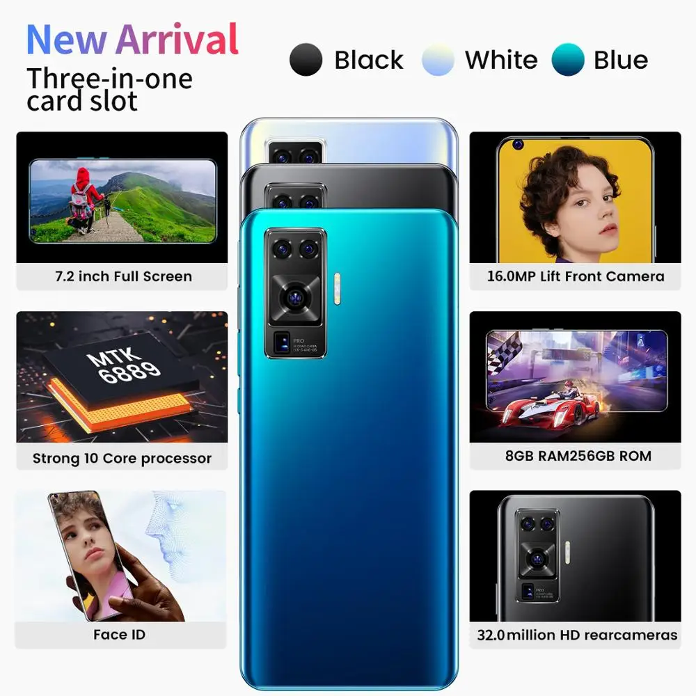 

7.2 Inch X60 Network Snapdragon 865 16+32MP 8GB RAM 128GB ROM Deca Core 4 Camera 2020 Newest Smart Phone Global Version In Stock