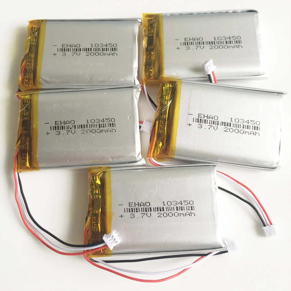

5 pcs 103450 with JST 1.25mm 3pin plug 3.7V 2000mAh lipo polymer lithium rechargeable battery for GPS DVD e-book camera