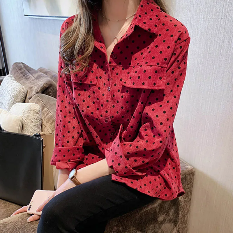 2019 осень новая Женская Ретро волна красная Свободная рубашка большого размера с