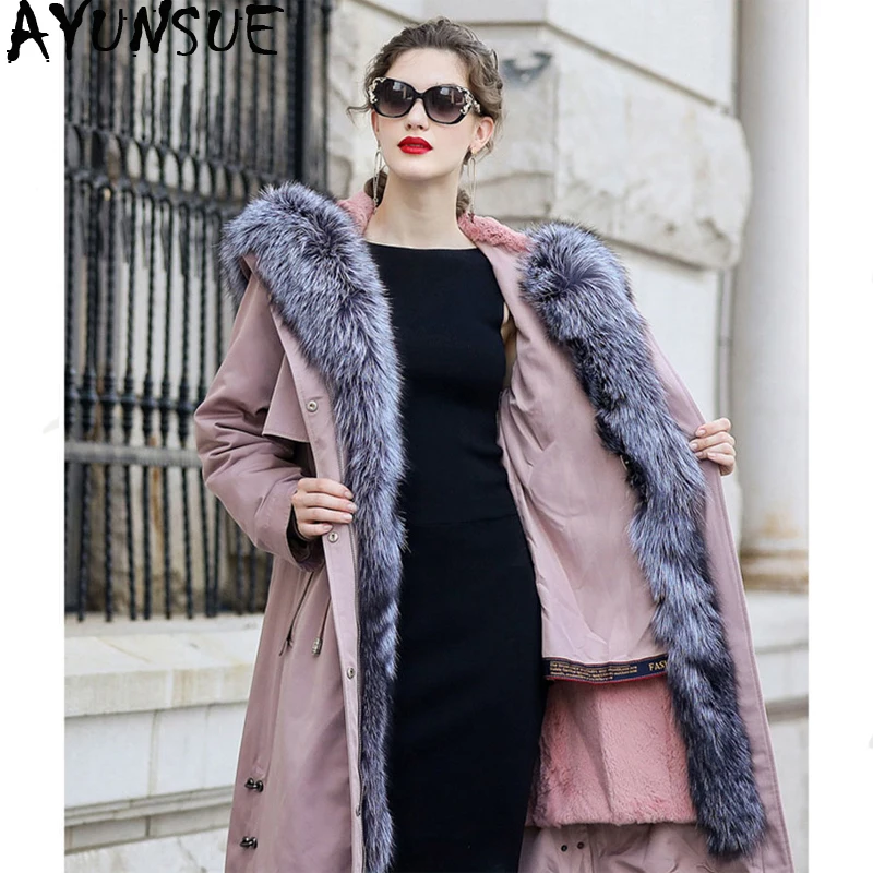 pink-silver fox ML AYUNSUE, парка, пальто из натурального меха, зимняя куртка, Женская длинная куртка с кроличьим мехом, женские куртки с лисьим меховым воротником, теплое пальто MY4200 - Цвет: pink-silver fox ML