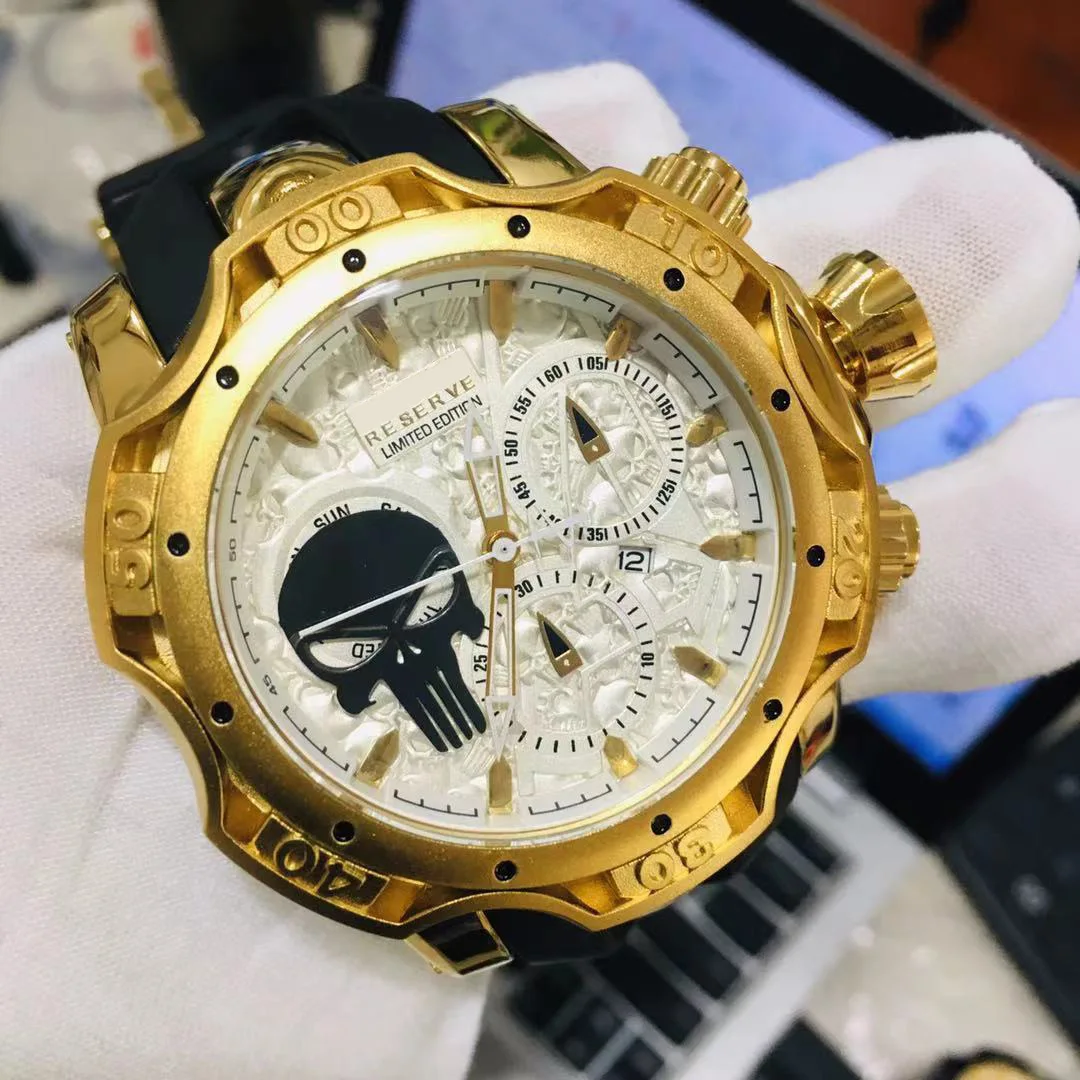 

Invincible New Style Undefeated Skull Decoration Super Quality Men WristWatch Rubber Strap Calendar Function Quartz Watch