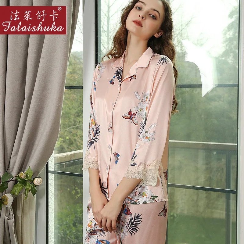 New Flowers butterfly 100% genuine silk pajamas sets women sleepwear Korean Elegant fashion pure silk womens pyjamas T8248