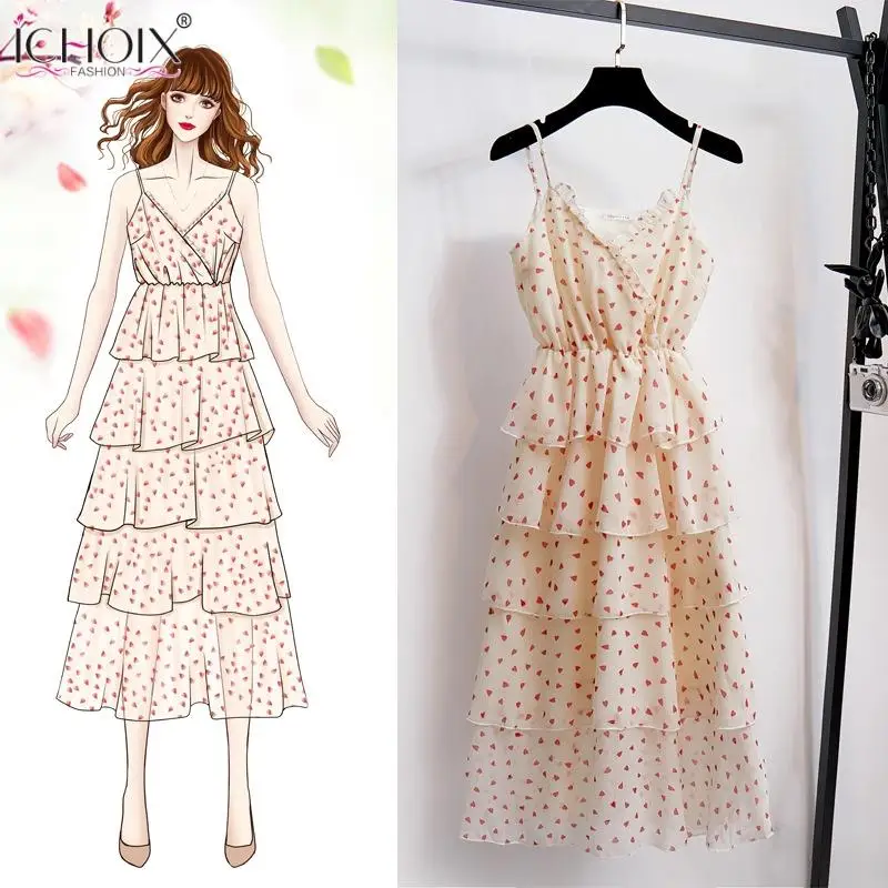 ICHOIX Boho женское платье 2019 летнее шифоновое с принтом длинное оборками милое