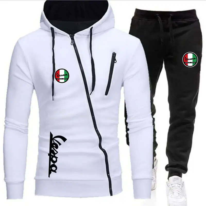 

VESPA Logo 2021 New Spring Autumn Men's Solid Color Fashion Brand Zipper Hooded Pullover Casual Hip-Hop Two-Piece Track Suit