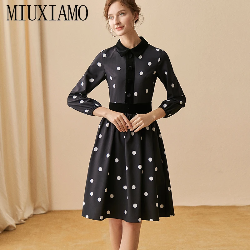 MIUXIMAO осеннее платье, Новое поступление, высокое качество, в горошек, элегантное, до колена, бархатное, черное, Повседневное платье для женщин, Vestidos