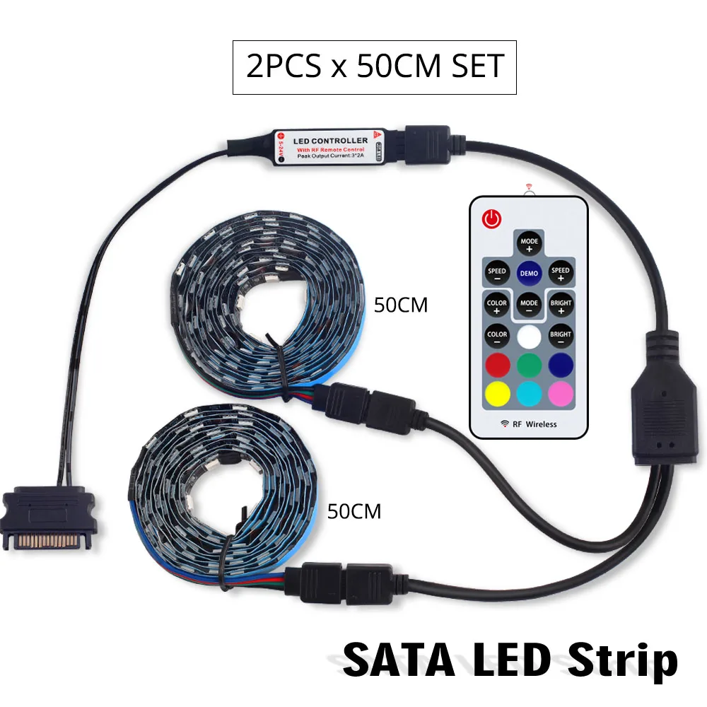 DC 12 В RGB 5050 Светодиодная лента для Светодиодный чехол для ПК компьютера SATA rgb лента 1 м 2 м, 17Key RF SATA светодиодный контроллер гибкий светильник - Испускаемый цвет: 2pcs x 50CM SET