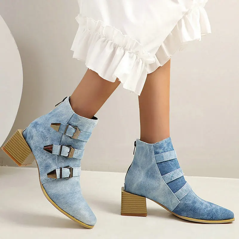 

Женские ковбойские Ботильоны на молнии, ботинки на Высоком толстом каблуке с пряжкой, большой размер 34-43, для осени и зимы, 2020