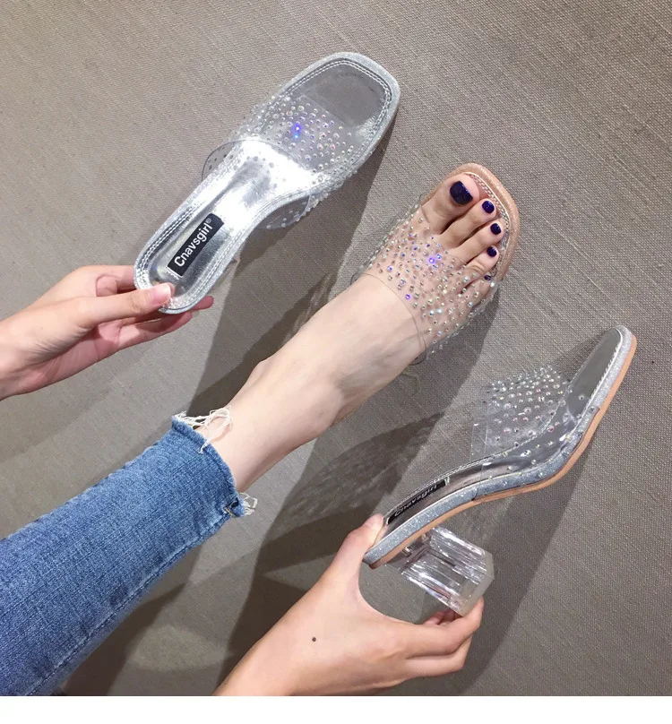 Роскошные шлепанцы на среднем каблуке; женские шлепанцы Без каблука; «желейные» шлепанцы; лоферы; Дизайнерская обувь на плоской подошве; прозрачная блестящая Летняя обувь