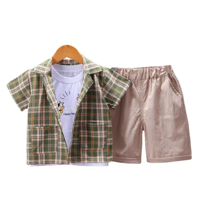 

Summer Baby Cartoon Clothes Children Boys Girls Vest Shirt Shorts 3Pcs/sets Kids Infant Cotton Clothing Toddler Plaid Sportswear