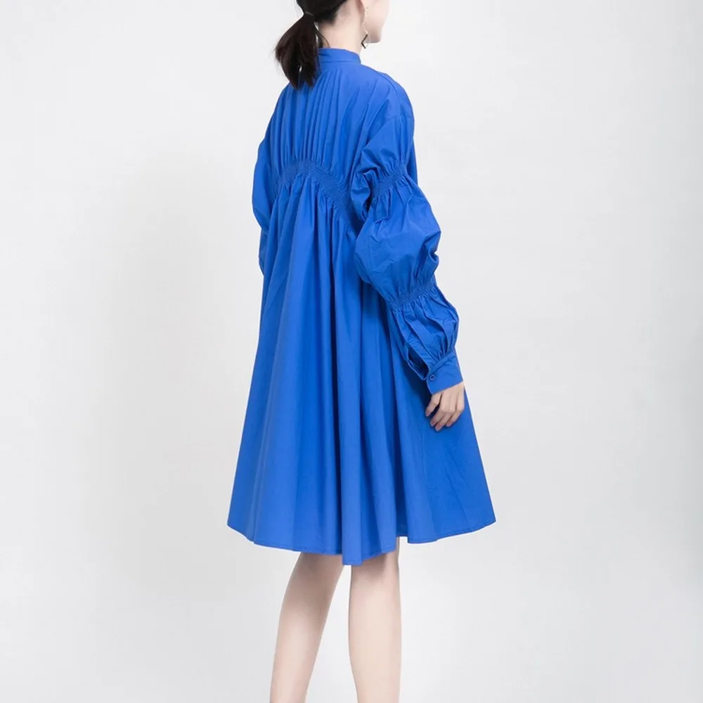 

Spring Autumn 2021 Women Asymmetrical Pleated Big Size Dress New Stand Collar Long Sleeve Loose Fit Fashion Tide