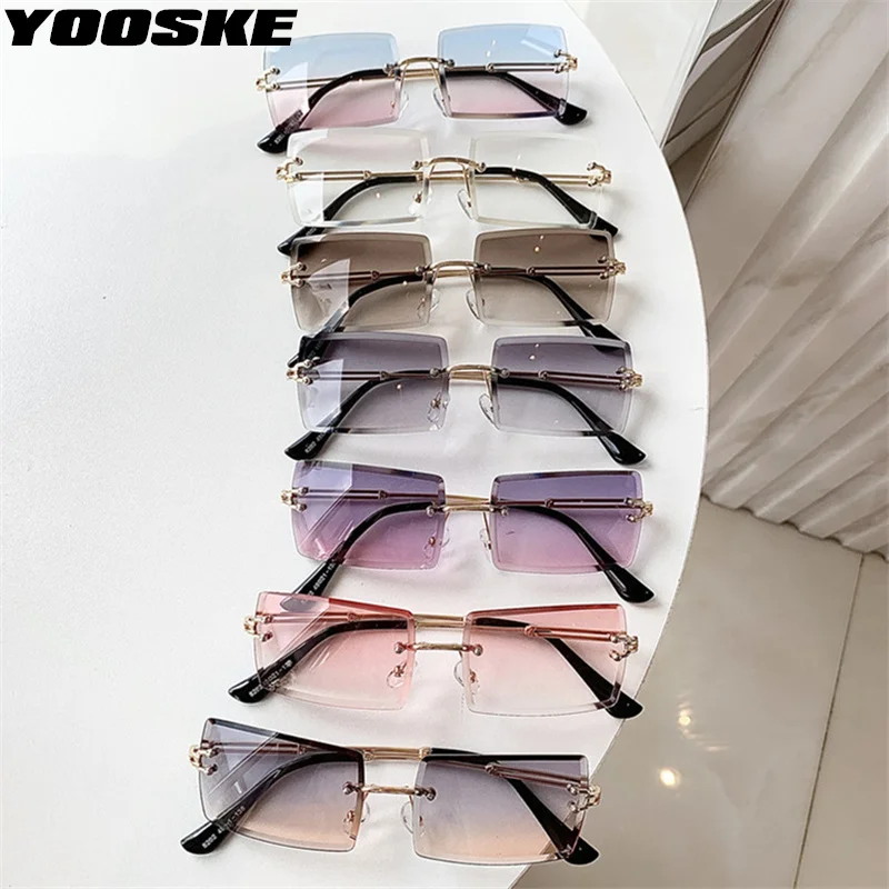 

YOOSKE Rimless Sunglasses Rectangle Fashion Popular Women Men Shades Square Sun Glasses Female Summer Traveling Brown UV400