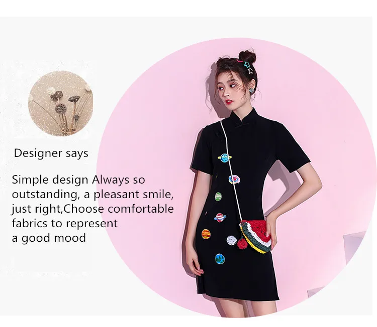 Модное Дизайнерское черное винтажное женское платье Qipao летнее традиционное китайское платье Элегантное тонкое женское платье Ципао с принтом