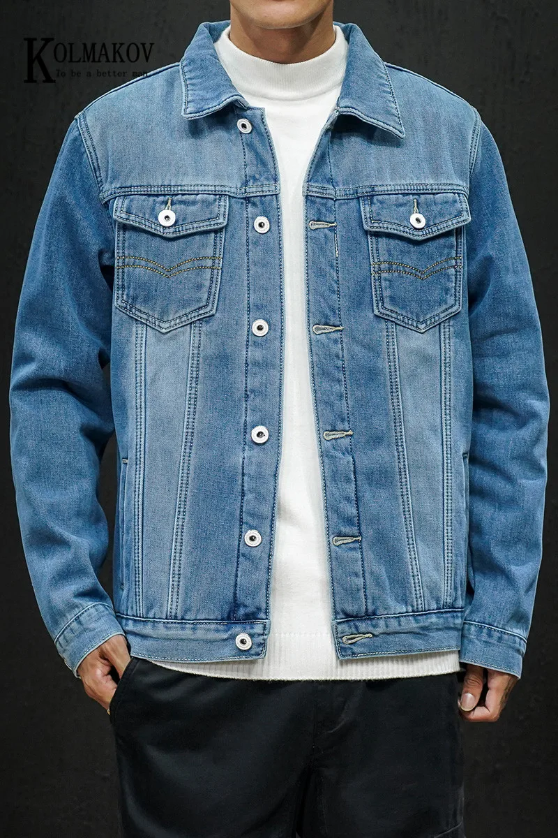 

KOLMAKOV Men's Spring Denim Jacket With Fleece The Coat Is Slimmed And Thickened Cotton-Padded Youth Clothes Lapel Long Sleeve